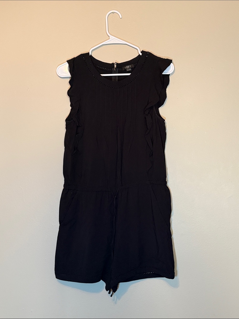 LOFT Black Sleeveless Romper with Ruffle Trim
